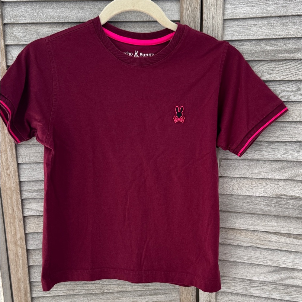 105. Psycho Bunny Kids Burgundy T-Shirt with Pink Accents pre owned 10/12 M